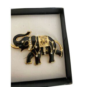 Vintage Gold & Black Enamel Elephant Trunk Up Brooch with Rhinestones